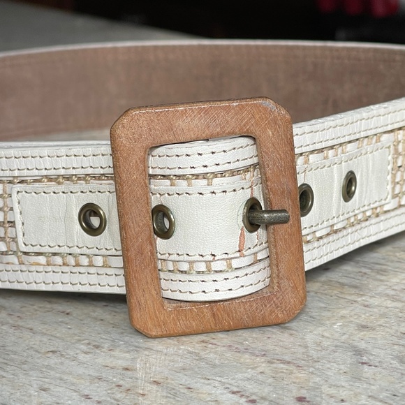 Cream Leather Belt with Woven Inlay - Picture 1 of 6